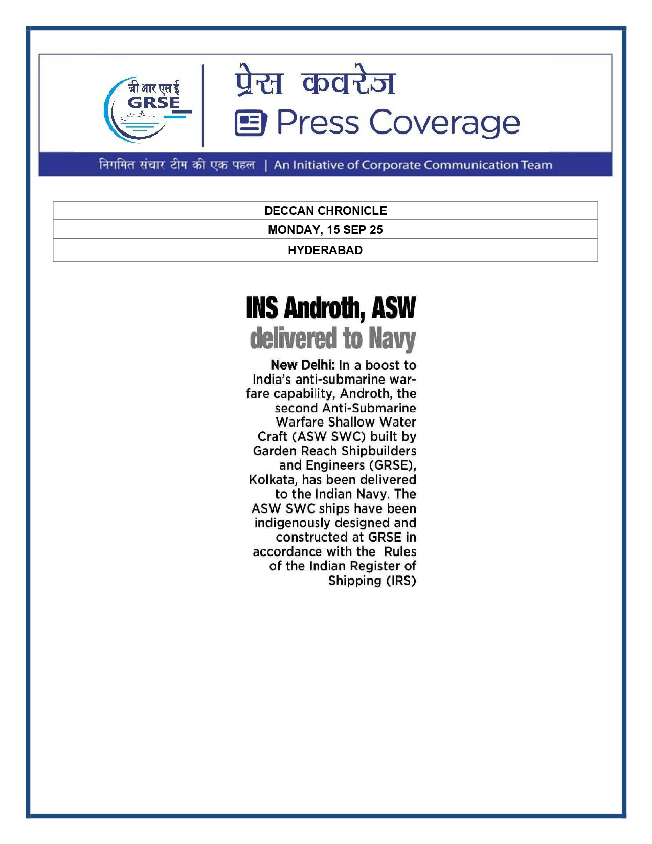 Press Coverage : 15 Sept 25:THE STATESMAN